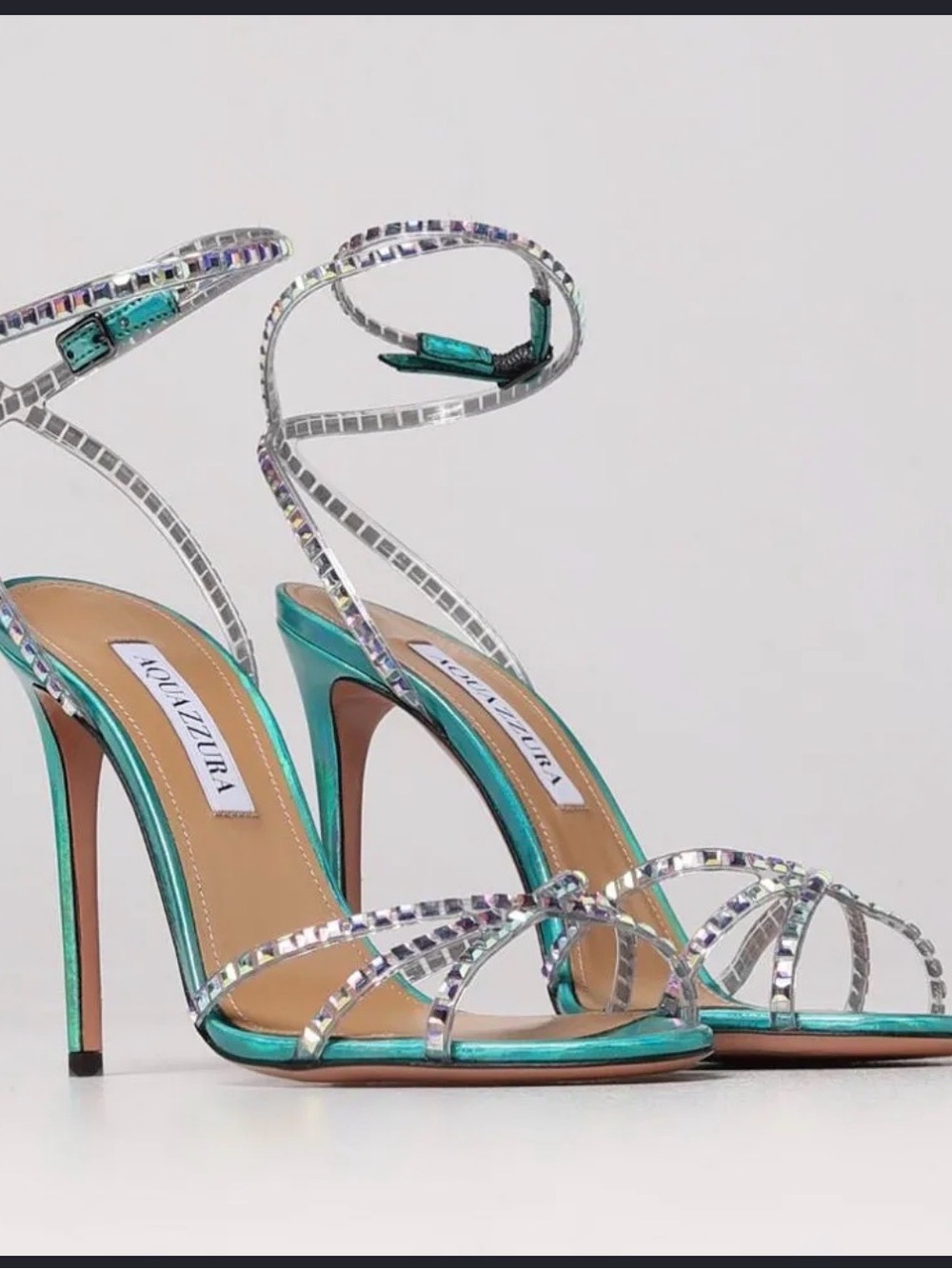 Aquazzura Iridescent Turquoise Crystal Wrap-Ankle Stilettos